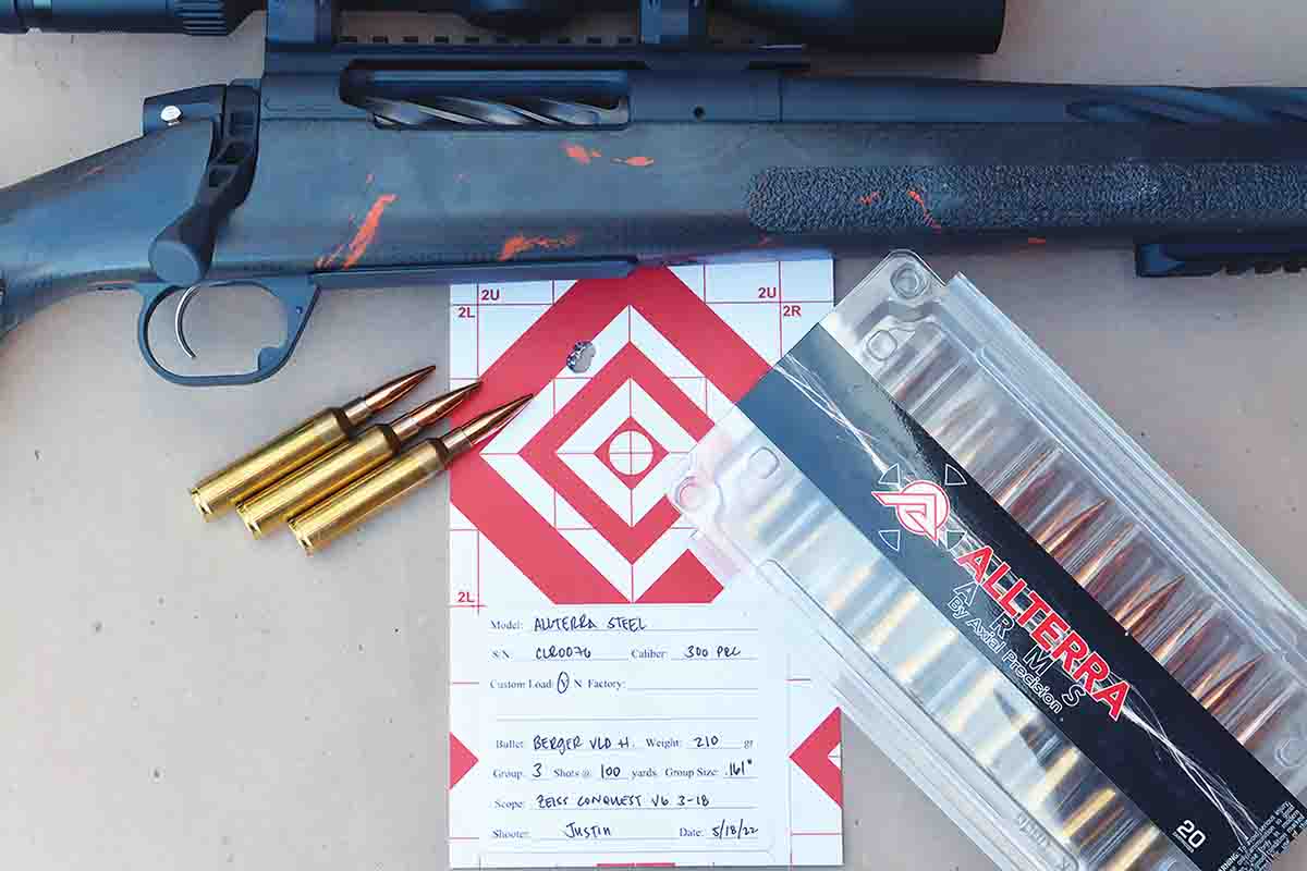 Using AllTerra Arms custom factory .300 PRC ammunition utilizing the 210-grain Berger VLD bullet, the factory test target measured .161 inch.